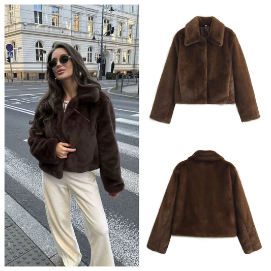 European and American style new fashion simple versatile lapel zipper imitation fur foreign style jacket