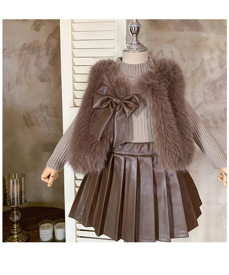 Children's set: fur coat + sweater + pleated leather skirt for girls aged 1 to 12 years old