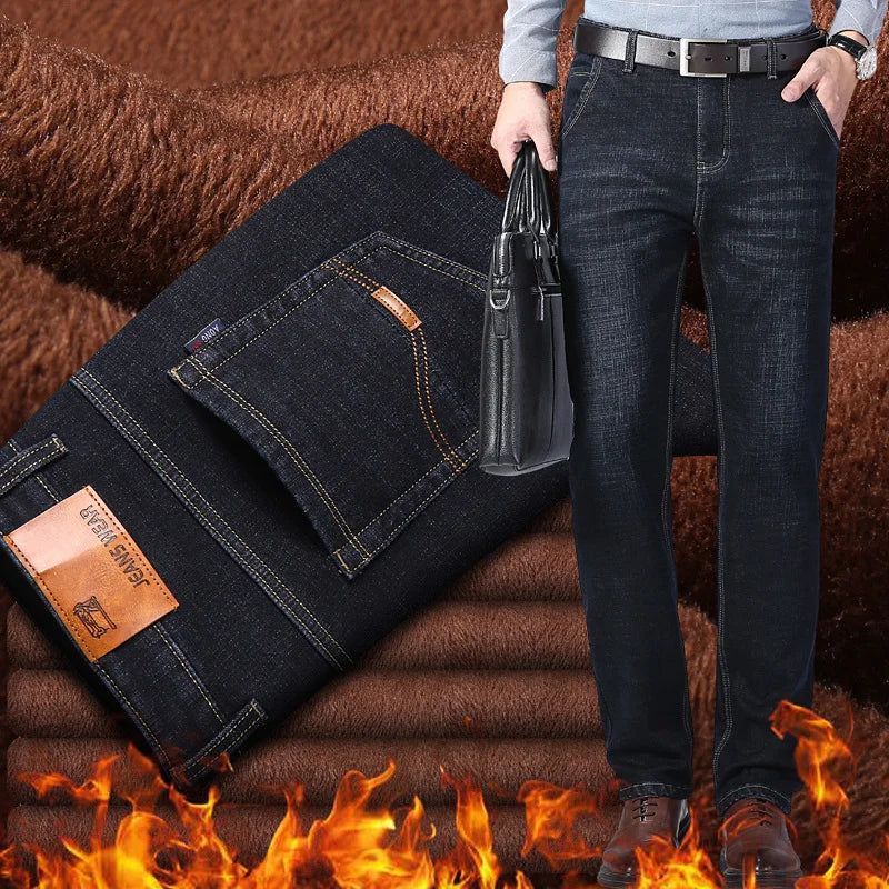 Men's Winter Windproof Thick Fleece Fabric Thermal Stretch Denim Jeans 