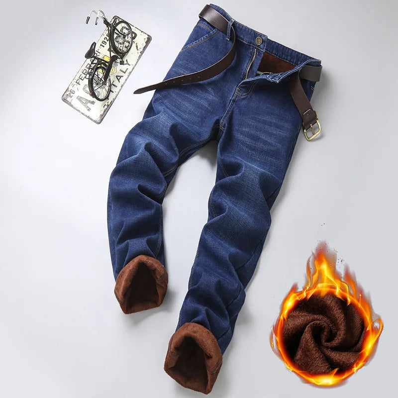 Men's Winter Windproof Thick Fleece Fabric Thermal Stretch Denim Jeans 