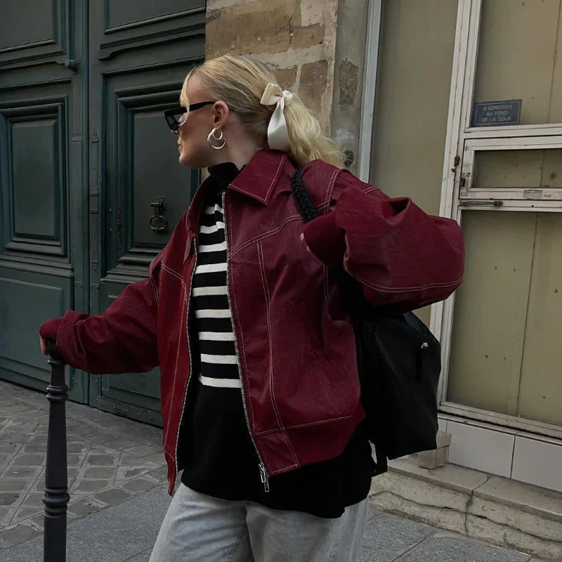 Veste ample en cuir PU pour femmes - Mode de rue