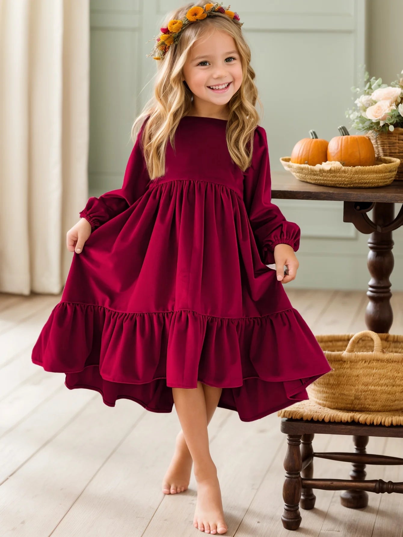 Robe en velours à volants pour filles 7-12 ans