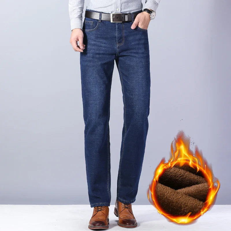 Men's Winter Windproof Thick Fleece Fabric Thermal Stretch Denim Jeans 