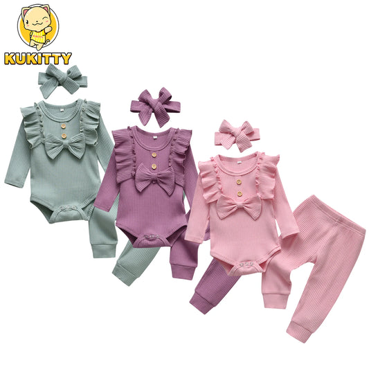 Ensemble de vêtements 3 pièces pour bébé fille nouveau-né, combinaison + pantalon + bandeau