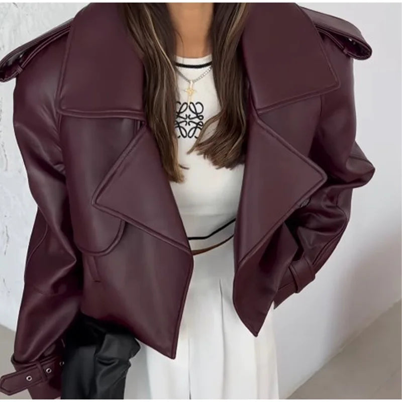 Women's Burgundy Leather Jacket with Turndown Collar