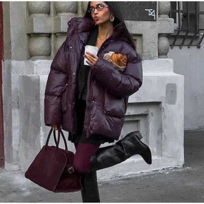 Casual Burgundy Lace Up Down Jacket Women Chic Lapel Button Pocket Thick Cotton Coat 2024 Autumn Winter Lady Highstreet Outwear