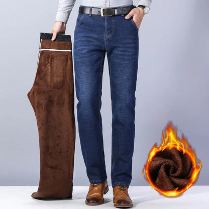 Men's Winter Windproof Thick Fleece Fabric Thermal Stretch Denim Jeans 