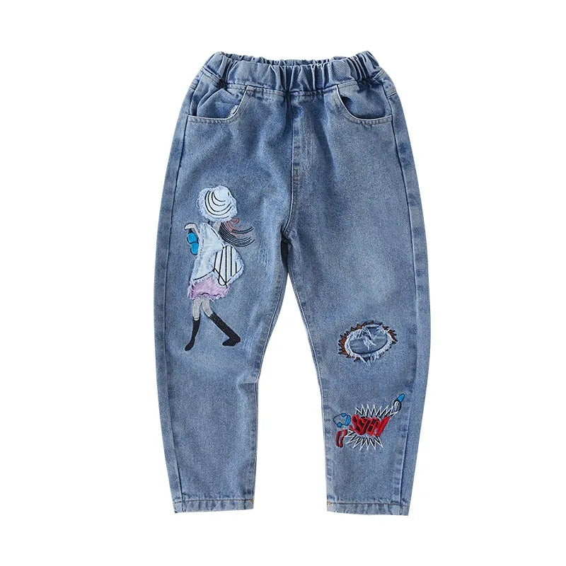 Jean fille à taille élastique imprimé de motifs cartoon de 3 à 12 ans