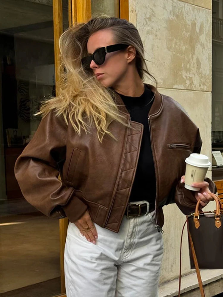 Blouson bomber en cuir pour femme - Mode de rue