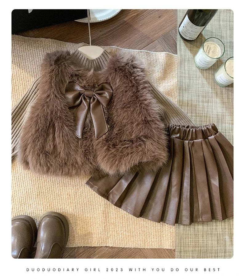 Children's set: fur coat + sweater + pleated leather skirt for girls aged 1 to 12 years old