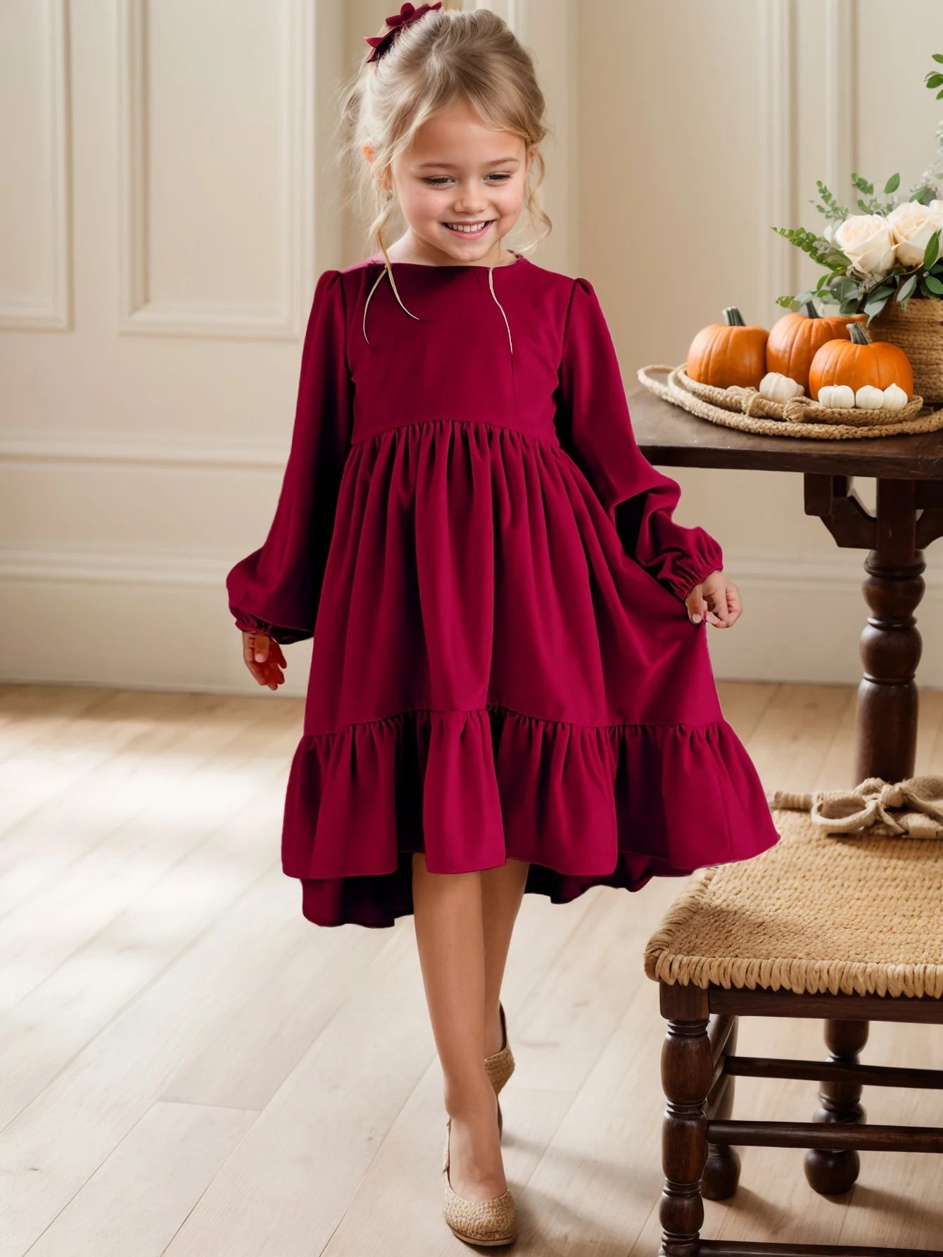 Robe en velours à volants pour filles 7-12 ans