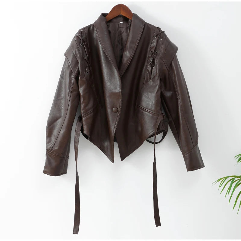 New 2024 classic lapel lace up leather jacket for women autumn street fashion 