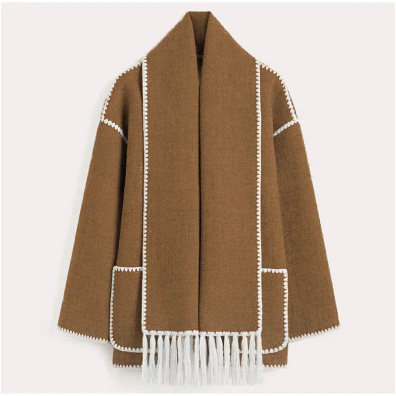 Fashion Women Contrast Buttons Jacket with Scarf Long Sleeve Warm Elegant Coat for Fall Winter 2024 