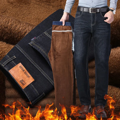 Men's Winter Windproof Thick Fleece Fabric Thermal Stretch Denim Jeans 