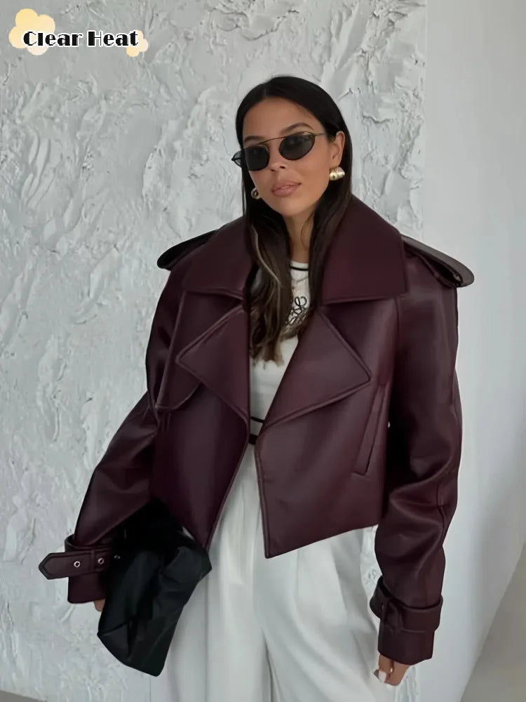 Women's Burgundy Leather Jacket with Turndown Collar