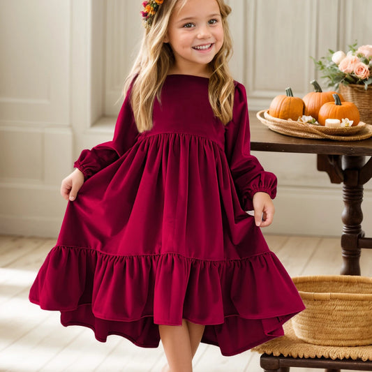 Robe en velours à volants pour filles 7-12 ans