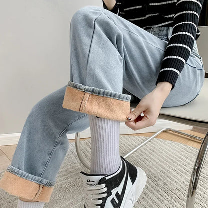 Women's Warm Fleece Wide Leg Jeans 