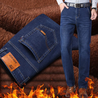 Men's Winter Windproof Thick Fleece Fabric Thermal Stretch Denim Jeans 