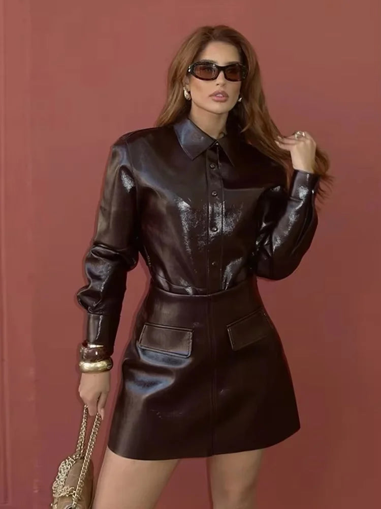 Ensemble veste en cuir PU et jupe pour femme