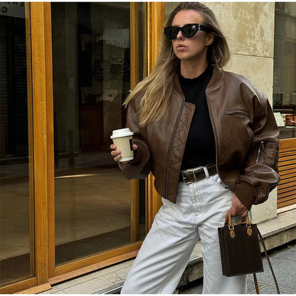 Blouson bomber en cuir pour femme - Mode de rue