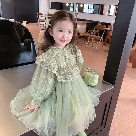 Robe princesse en dentelle et maille brodée pour fille de 2 à 8 ans