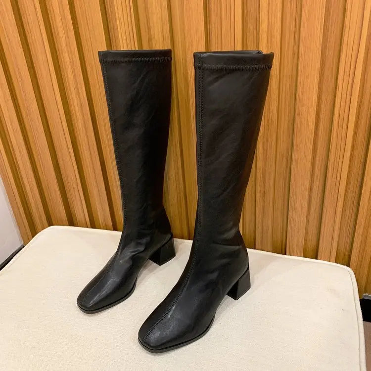 Bottes longues en cuir à talon bas pour femme