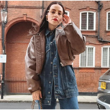 Blouson bomber en cuir pour femme - Mode de rue