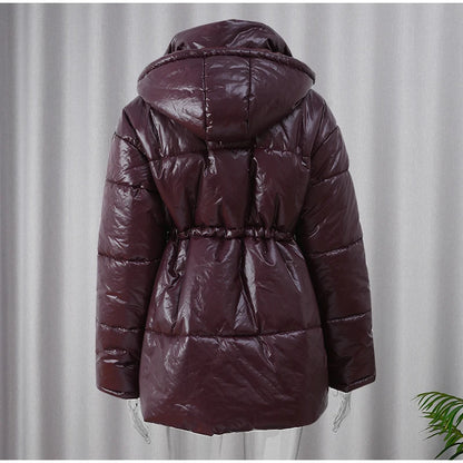 Casual Burgundy Lace Up Down Jacket Women Chic Lapel Button Pocket Thick Cotton Coat 2024 Autumn Winter Lady Highstreet Outwear