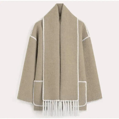 Fashion Women Contrast Buttons Jacket with Scarf Long Sleeve Warm Elegant Coat for Fall Winter 2024 