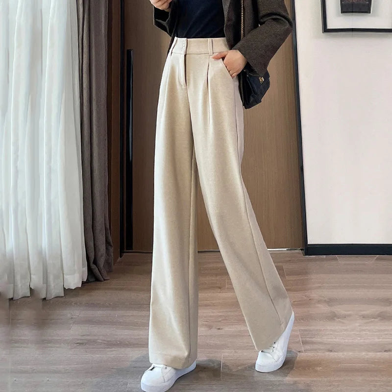 Pantalon large taille haute en laine épaisse pour femme