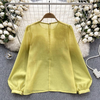 Women's spring shirt round neck long sleeves in 3D floral satin 