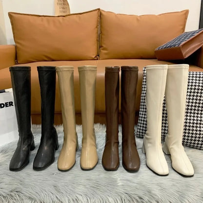 Bottes longues en cuir à talon bas pour femme