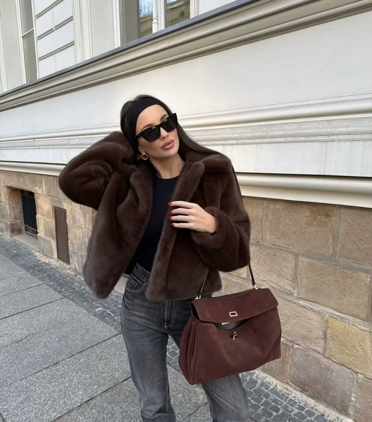 European and American style new fashion simple versatile lapel zipper imitation fur foreign style jacket