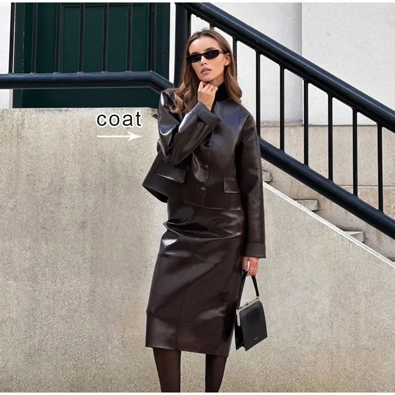 Ensemble veste en cuir PU et jupe pour femme