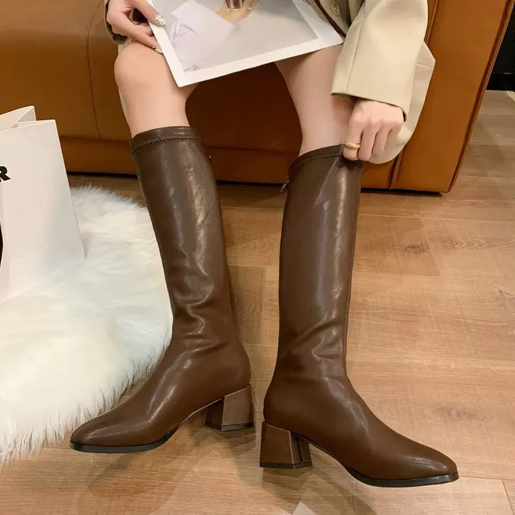 Bottes longues en cuir à talon bas pour femme