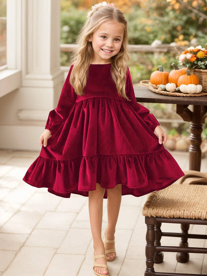 Robe en velours à volants pour filles 7-12 ans