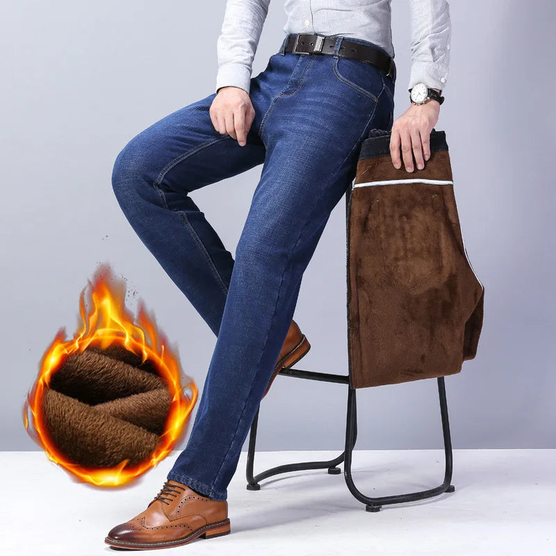 Men's Winter Windproof Thick Fleece Fabric Thermal Stretch Denim Jeans 