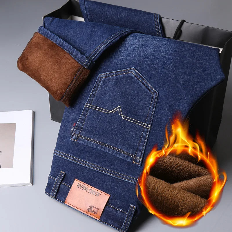 Men's Winter Windproof Thick Fleece Fabric Thermal Stretch Denim Jeans 