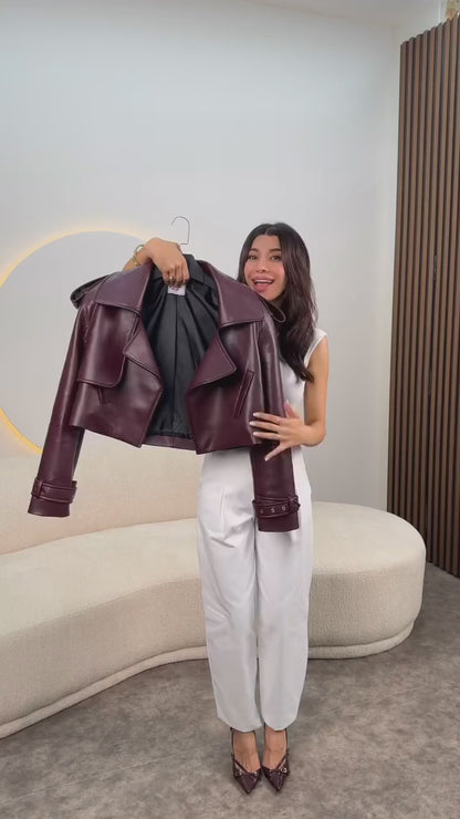 Women's Burgundy Leather Jacket with Turndown Collar